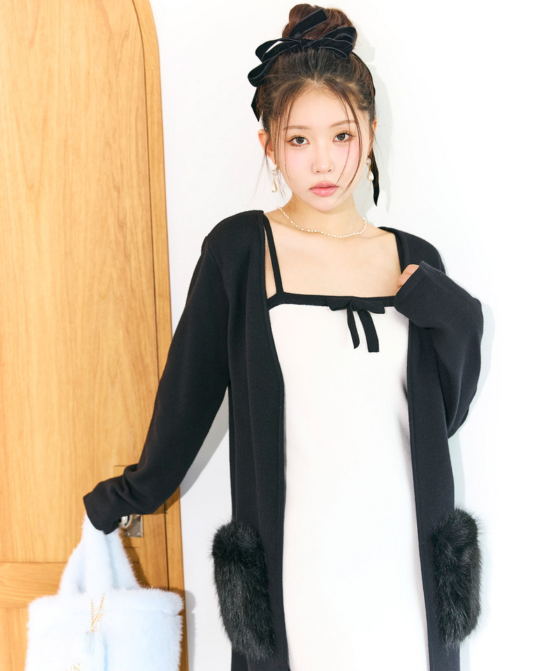 【セット購入】リボン付アソートニットタイトミニワンピース×ファーポケットミドルニットカーディガン 詳細画像 ワンピース（オフホワイト）×カーディガン（ブラック）	 8