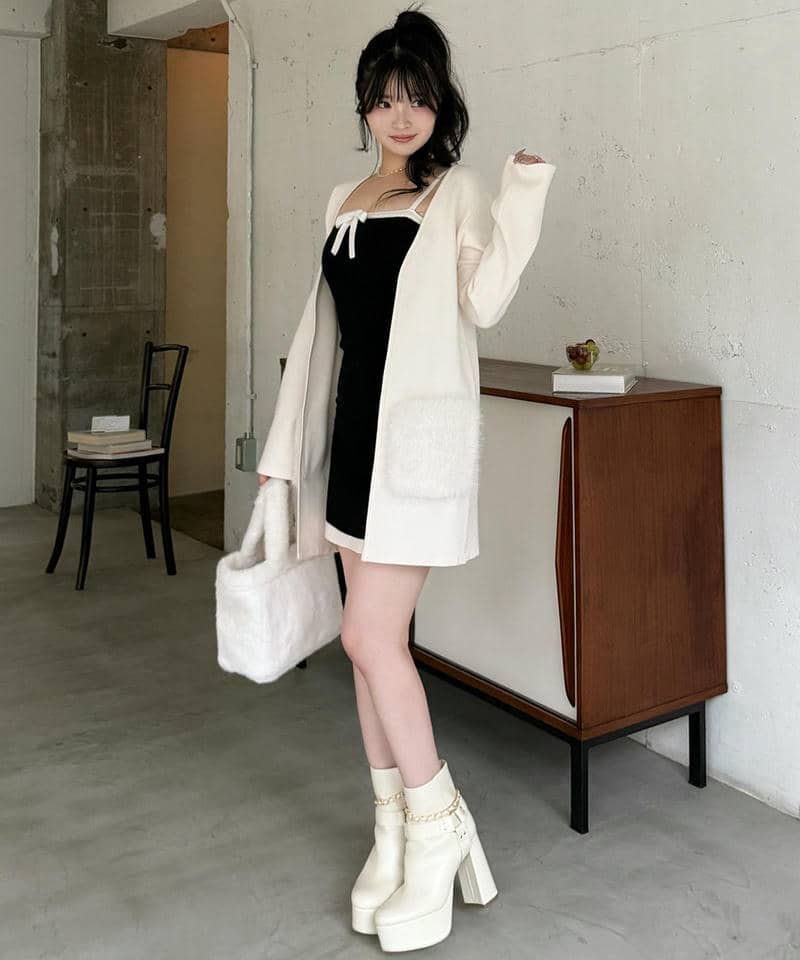 【単品購入】リボン付アソートニットタイトミニワンピース 詳細画像 ブラック 5