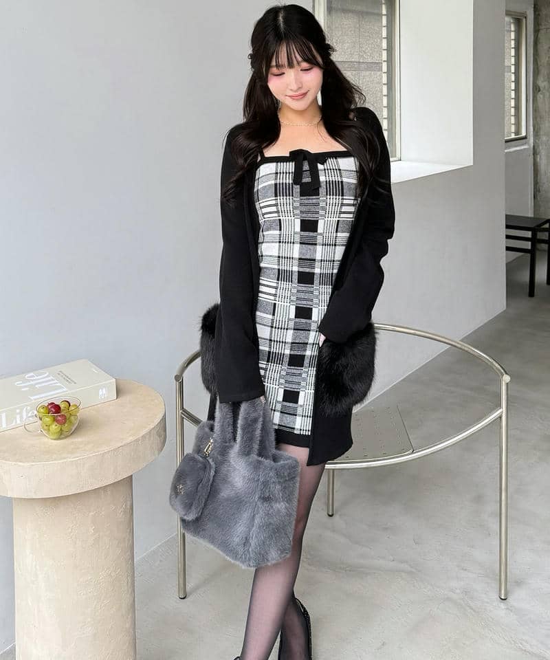 【単品購入】リボン付アソートニットタイトミニワンピース 詳細画像 チェック 3