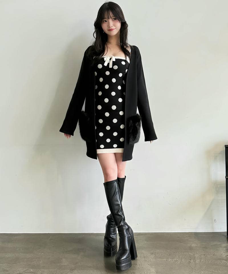 【単品購入】リボン付アソートニットタイトミニワンピース 詳細画像 ドット 15