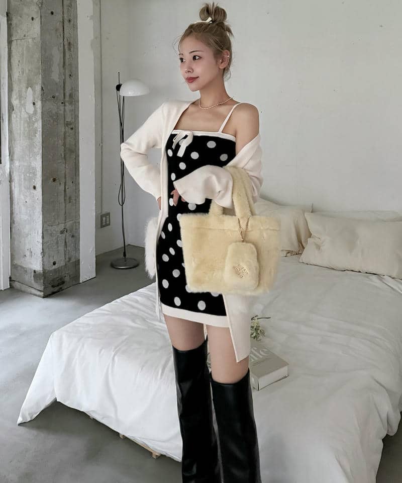 【単品購入】リボン付アソートニットタイトミニワンピース 詳細画像 ドット 9