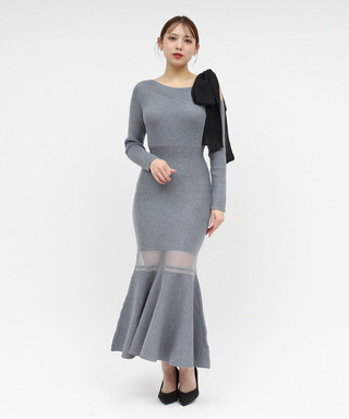 【丈が選べる】ワンショルリボンシアー切替ニットマーメイドワンピース