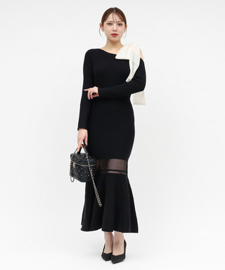 【丈が選べる】ワンショルリボンシアー切替ニットマーメイドワンピース