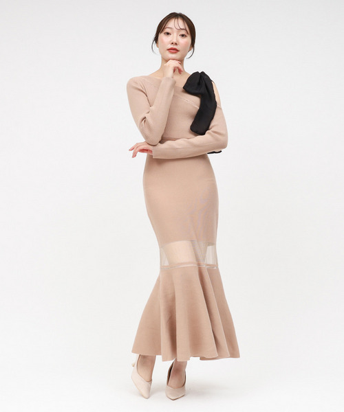 【丈が選べる】ワンショルリボンシアー切替ニットマーメイドワンピース 詳細画像
