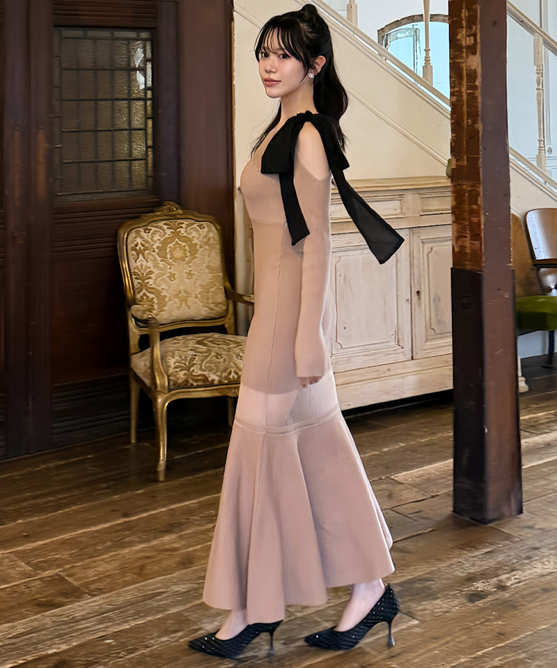 【丈が選べる】ワンショルリボンシアー切替ニットマーメイドワンピース 詳細画像 ベージュ 2