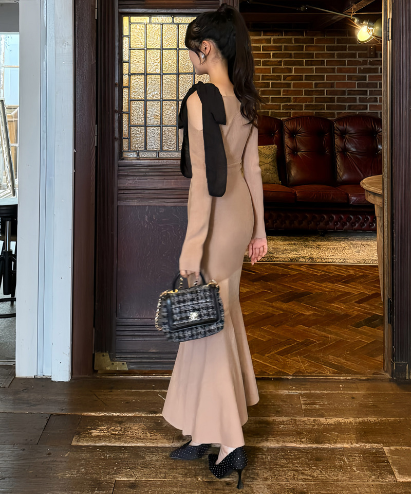 【丈が選べる】ワンショルリボンシアー切替ニットマーメイドワンピース 詳細画像 ベージュ 4