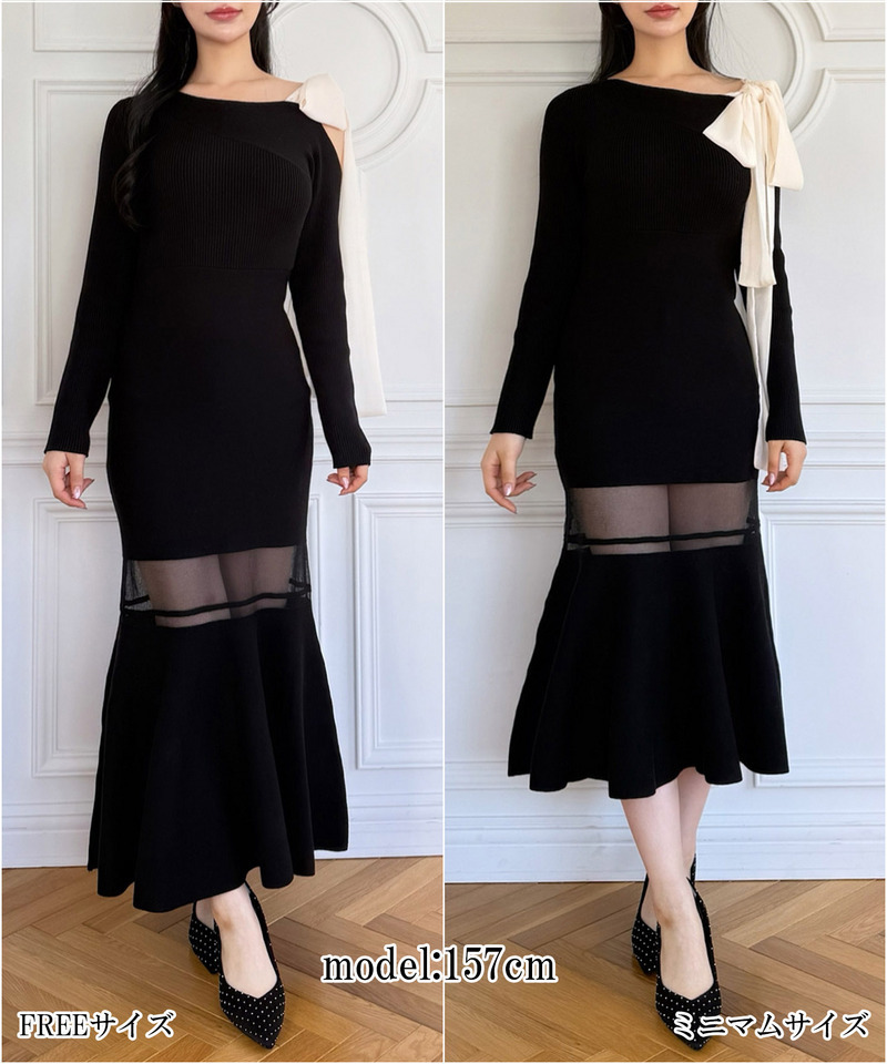 【丈が選べる】ワンショルリボンシアー切替ニットマーメイドワンピース 詳細画像 ブラック 10