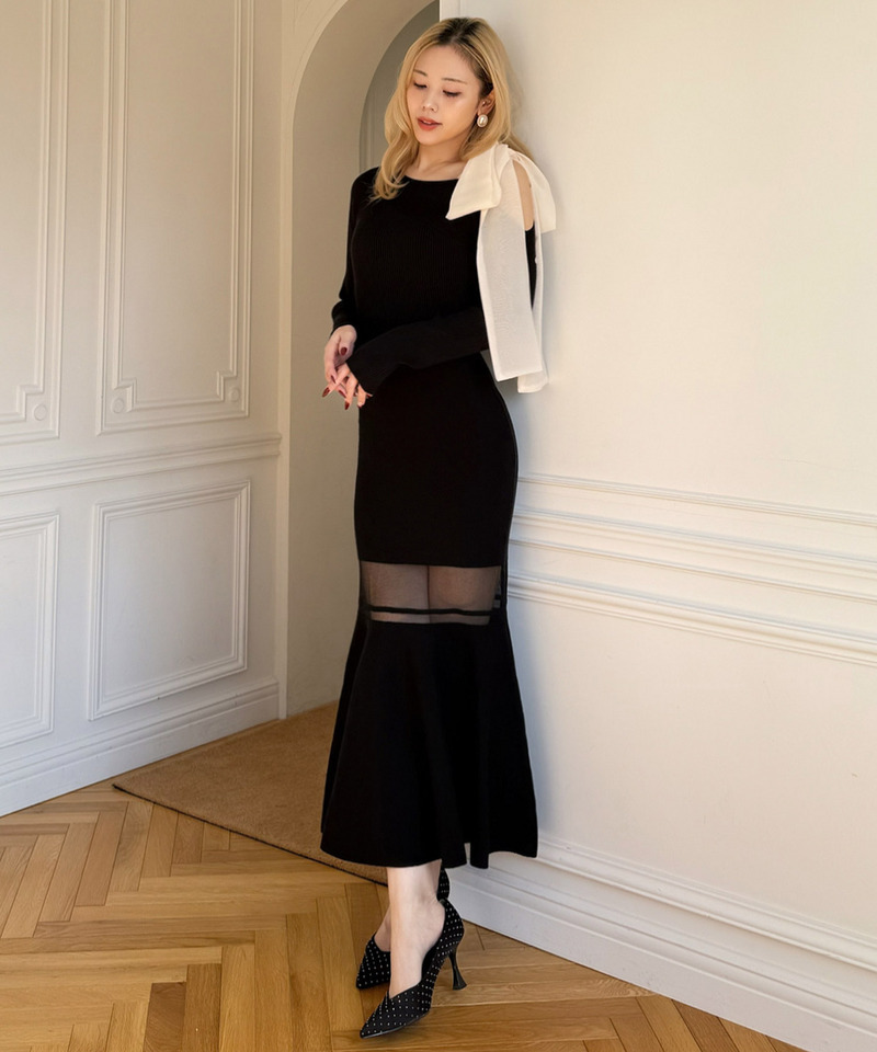 【丈が選べる】ワンショルリボンシアー切替ニットマーメイドワンピース 詳細画像 ブラック 12