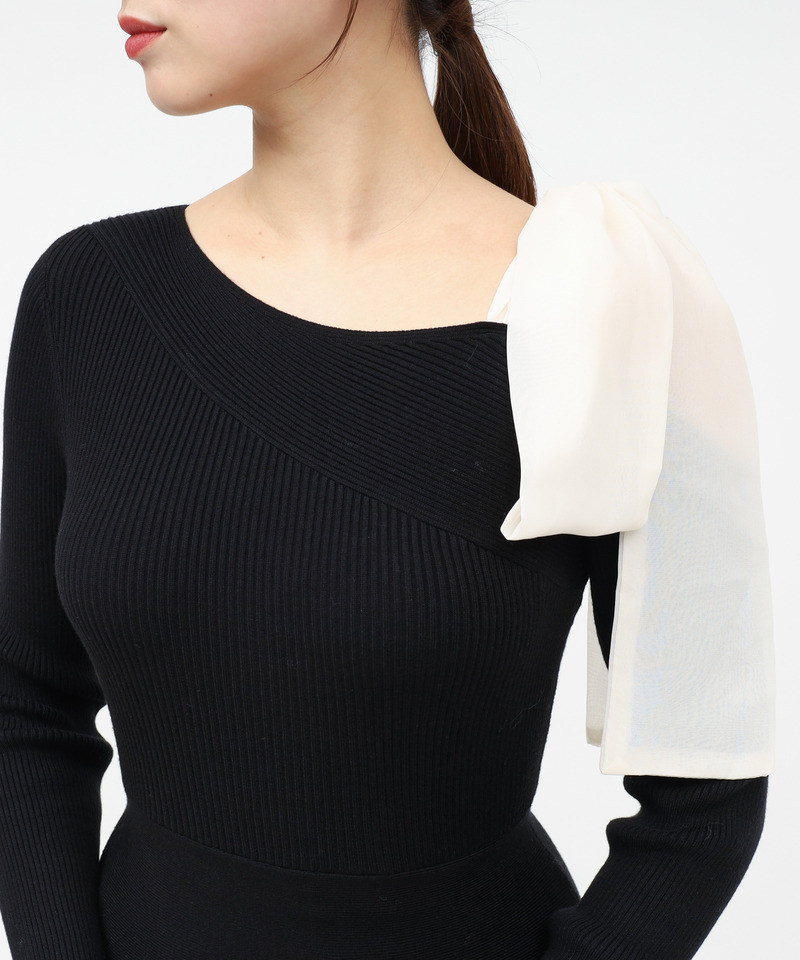 【丈が選べる】ワンショルリボンシアー切替ニットマーメイドワンピース 詳細画像 ブラック 4