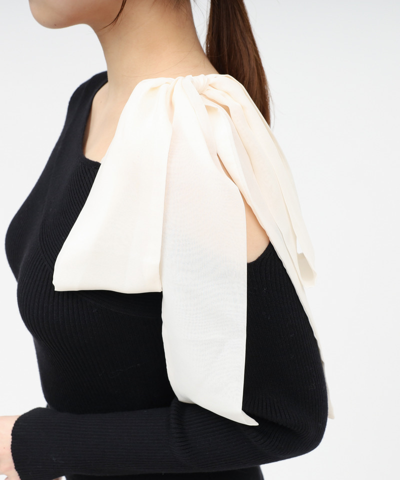 【丈が選べる】ワンショルリボンシアー切替ニットマーメイドワンピース 詳細画像 ブラック 5