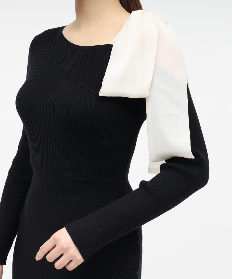 【丈が選べる】ワンショルリボンシアー切替ニットマーメイドワンピース 詳細画像 ブラック 6