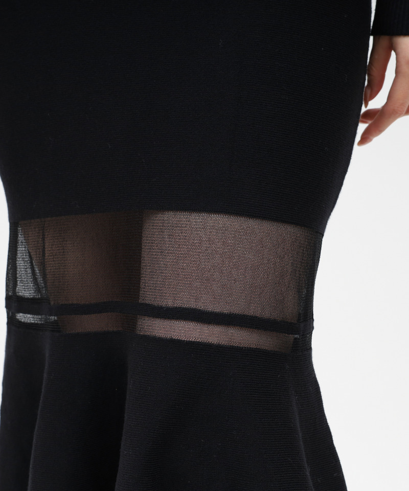 【丈が選べる】ワンショルリボンシアー切替ニットマーメイドワンピース 詳細画像 ブラック 7