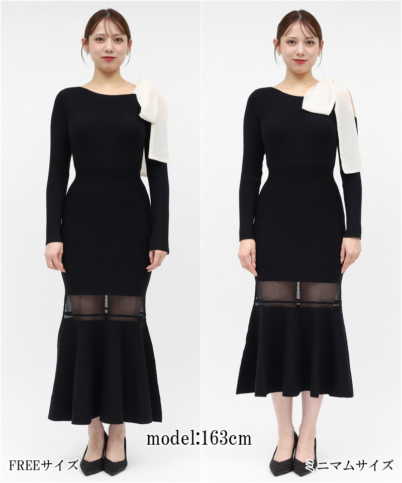 【丈が選べる】ワンショルリボンシアー切替ニットマーメイドワンピース 詳細画像 ブラック 8