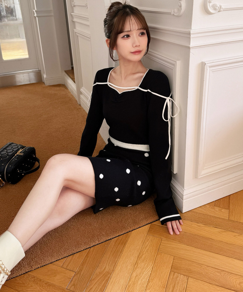 ドットジャガード配色ニットミニワンピース 詳細画像 ブラック 2