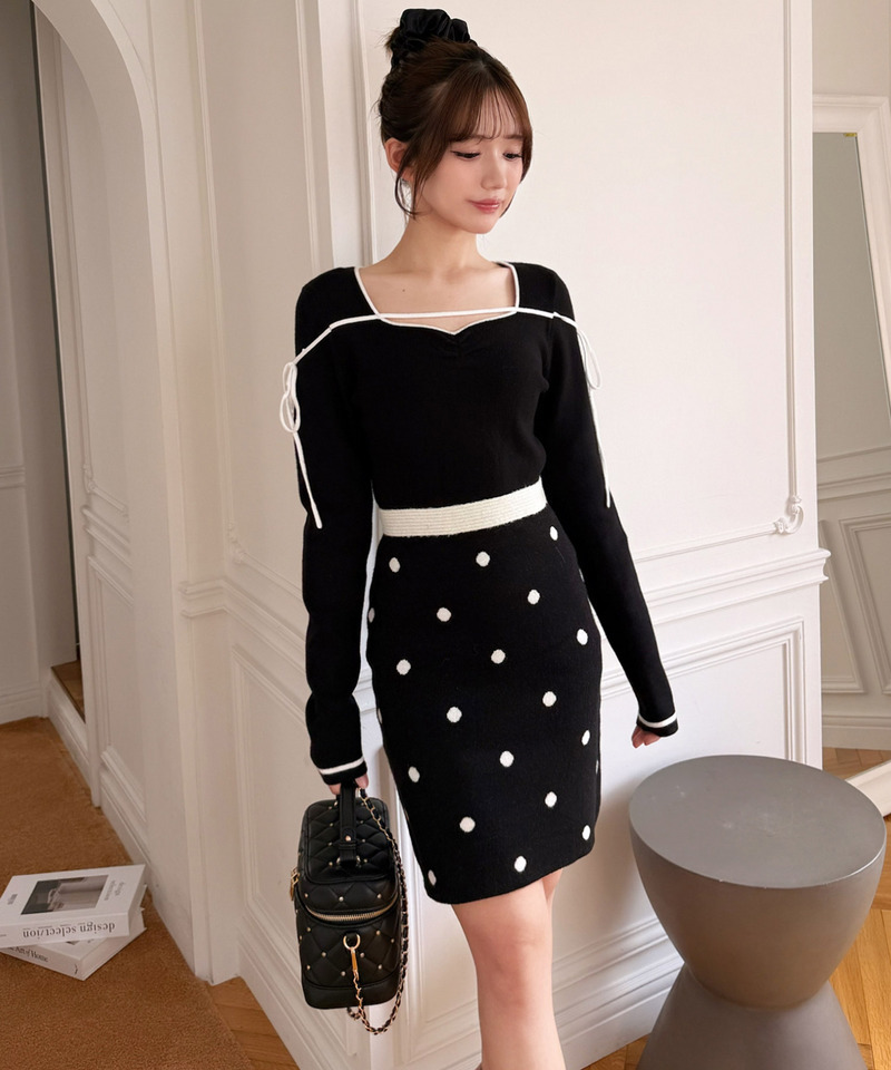 ドットジャガード配色ニットミニワンピース 詳細画像 ブラック 4