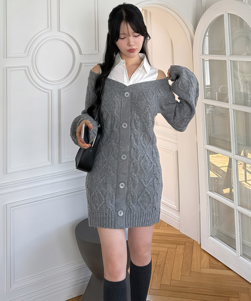 シャツドッキングケーブルニットミニワンピース 詳細画像 グレー 10