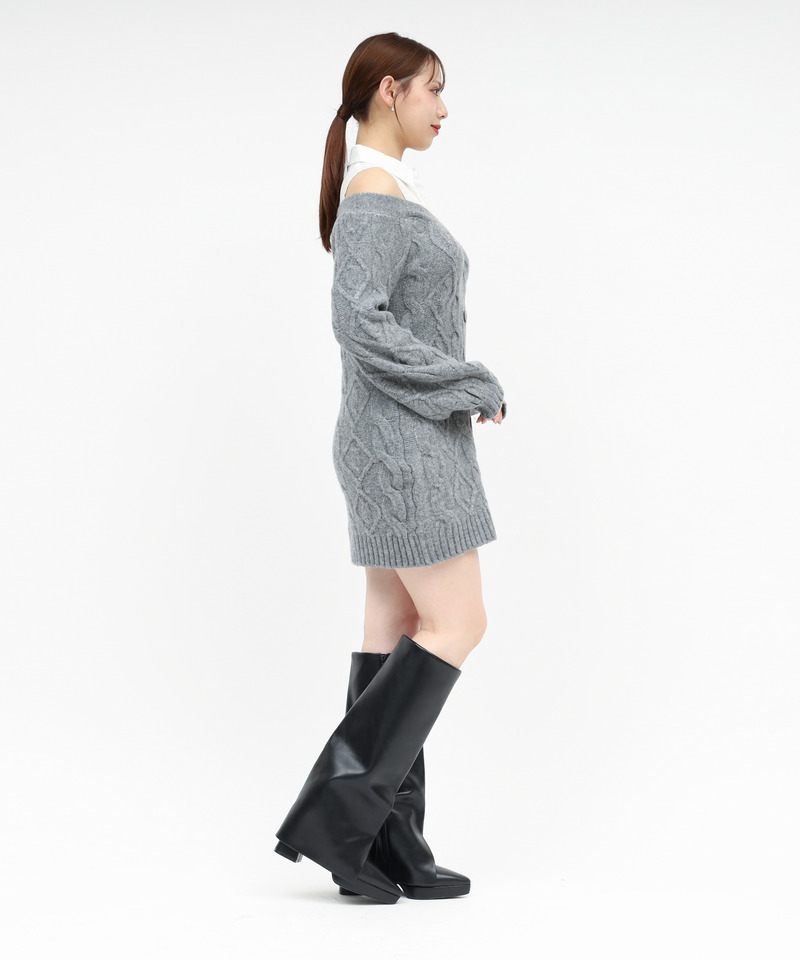 シャツドッキングケーブルニットミニワンピース 詳細画像 グレー 2