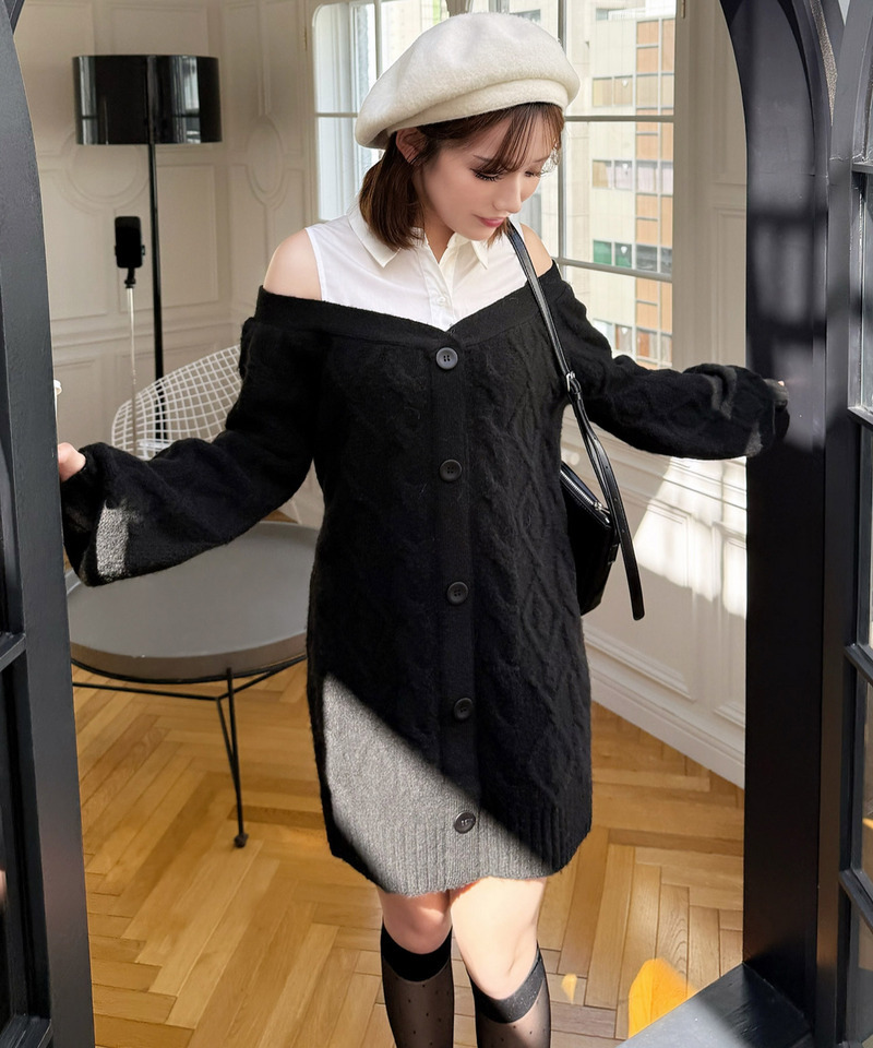 シャツドッキングケーブルニットミニワンピース 詳細画像 ブラック 2