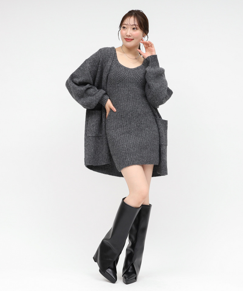 タイトニットミニワンピース×ミドルカーディガン 詳細画像 グレー 1