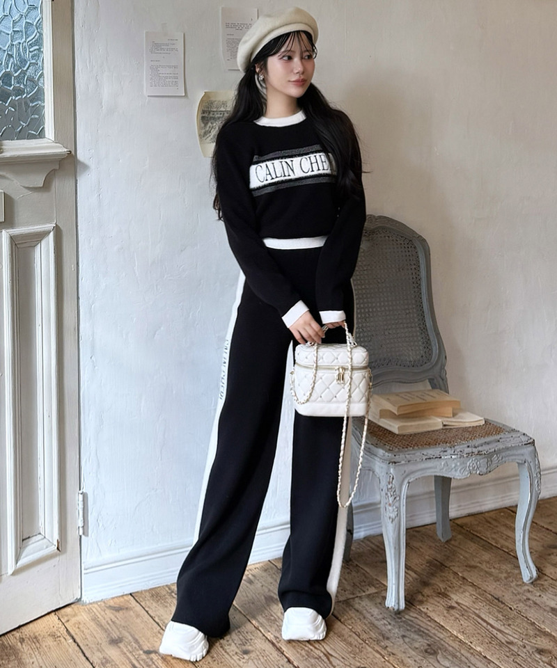 アソートジャガードニットワイドパンツ 詳細画像 ブラック 7