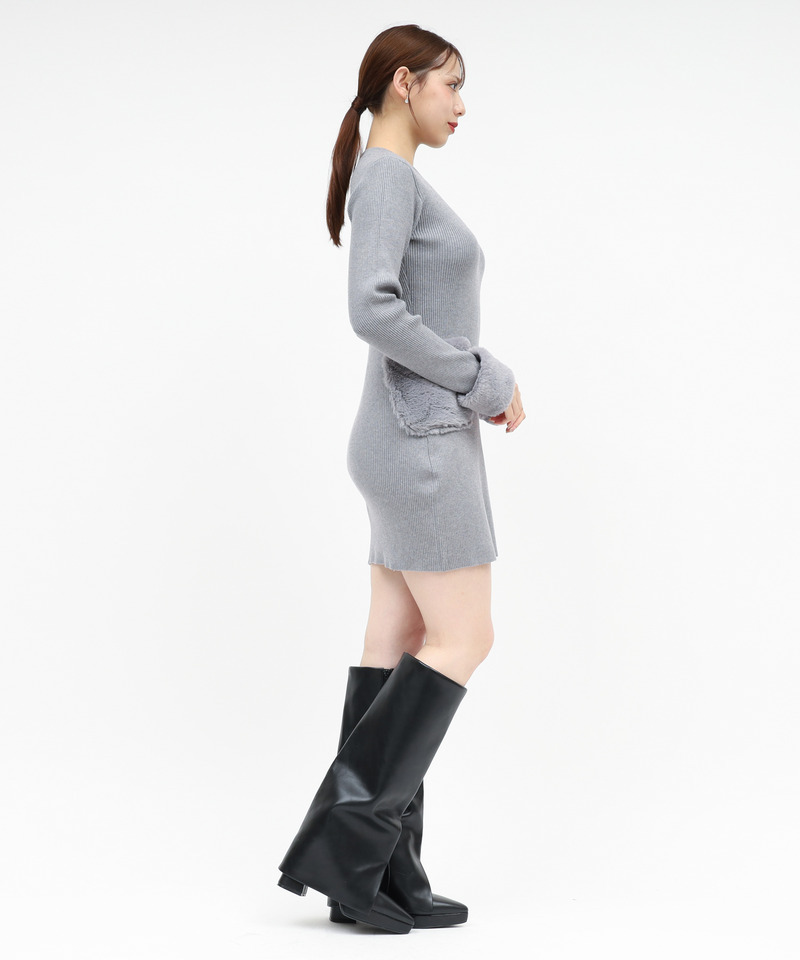 ファーポケットハイネックニットタイトミニワンピース 詳細画像 グレー 2