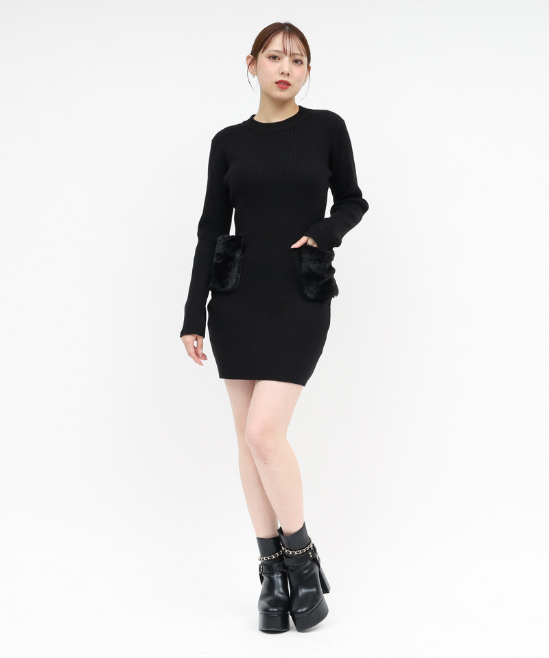 ファーポケットハイネックニットタイトミニワンピース 詳細画像 グレー 8