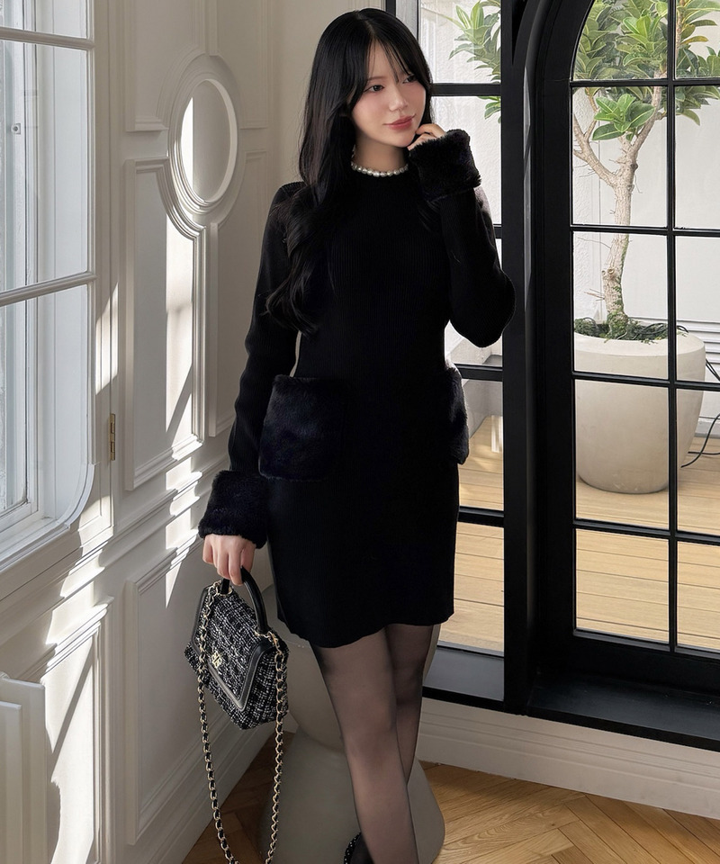 ファーポケットハイネックニットタイトミニワンピース 詳細画像 ブラック 2
