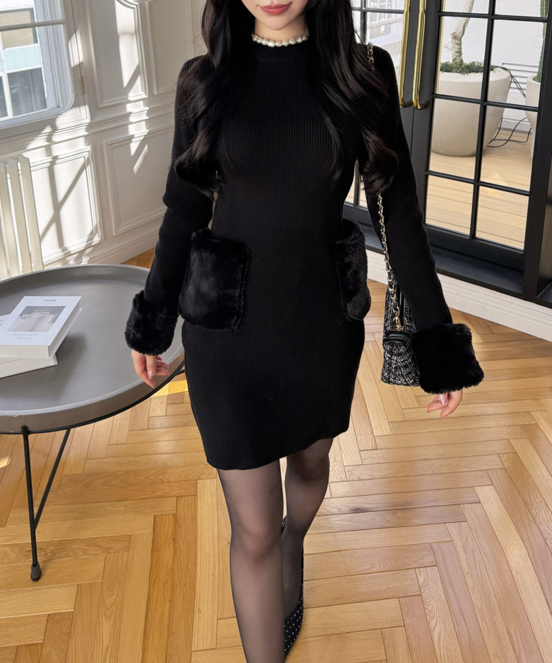 ファーポケットハイネックニットタイトミニワンピース 詳細画像 ブラック 3