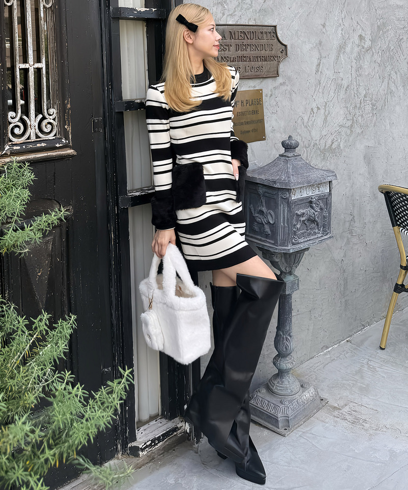 ファーポケットハイネックニットタイトミニワンピース 詳細画像 ボーダー 5