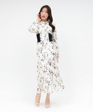 フラワープリントコルセット風シャツワンピース
