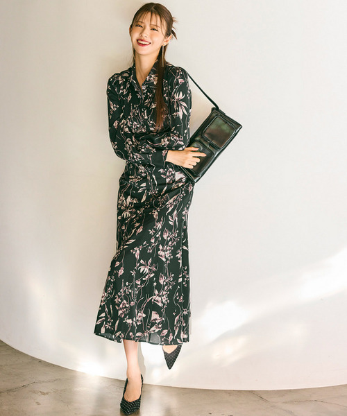 フラワープリントコルセット風シャツワンピース 詳細画像