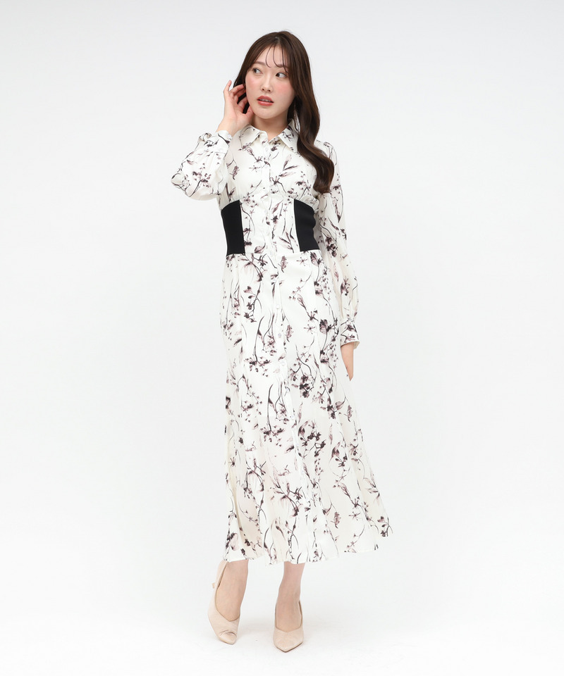 フラワープリントコルセット風シャツワンピース 詳細画像 オフホワイト 1