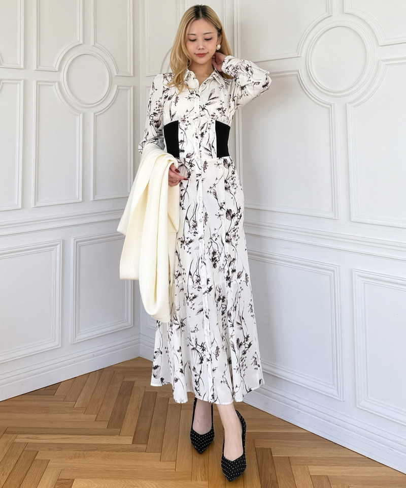 フラワープリントコルセット風シャツワンピース 詳細画像 オフホワイト 2