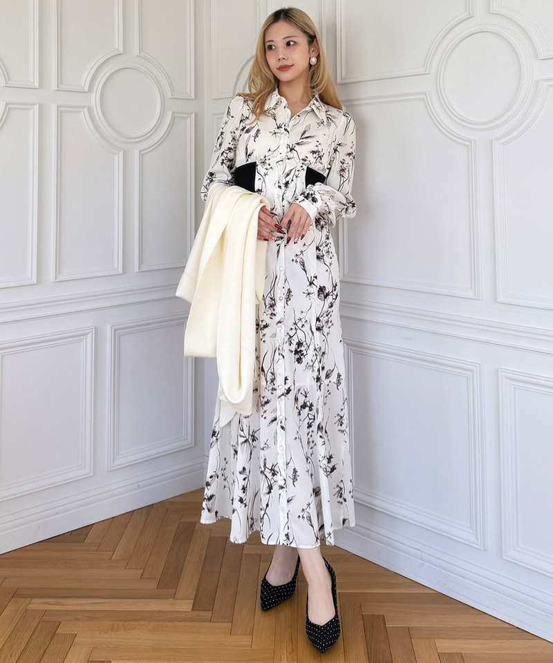 フラワープリントコルセット風シャツワンピース 詳細画像 オフホワイト 3