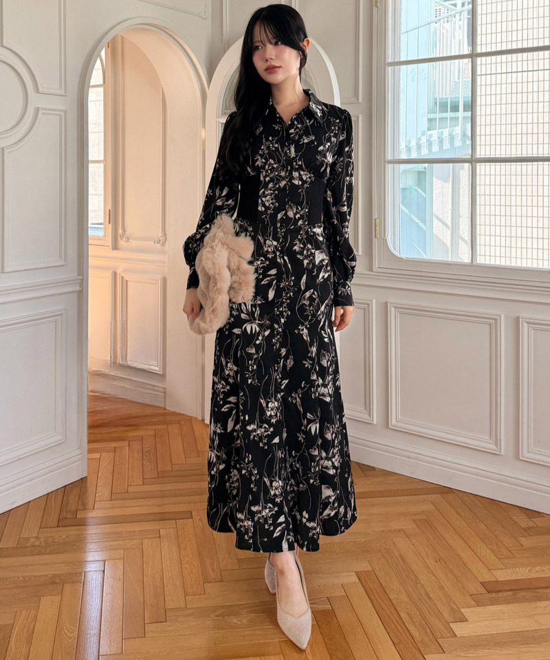 フラワープリントコルセット風シャツワンピース 詳細画像 ブラック 10