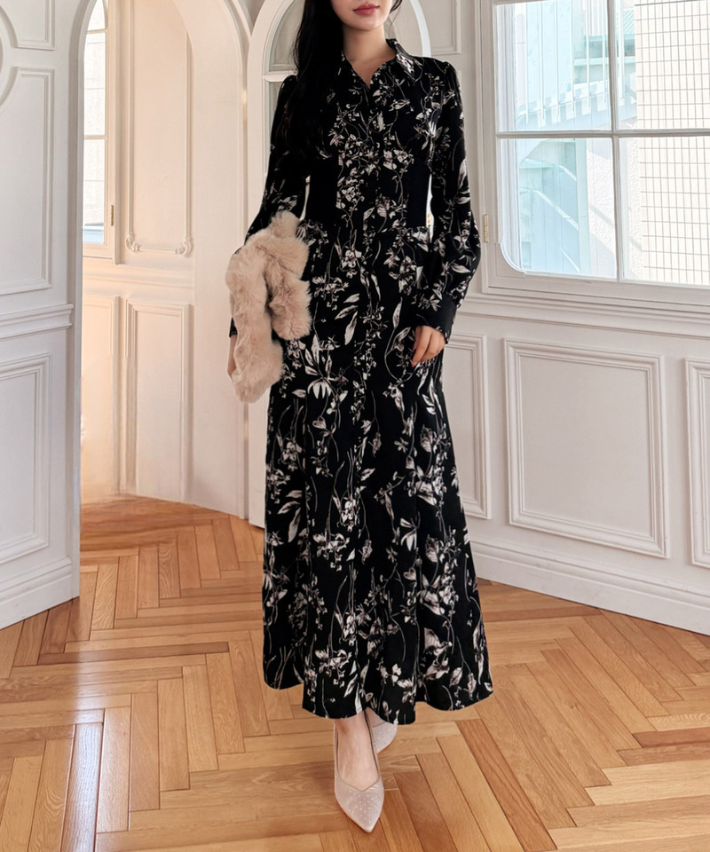 フラワープリントコルセット風シャツワンピース 詳細画像 ブラック 11