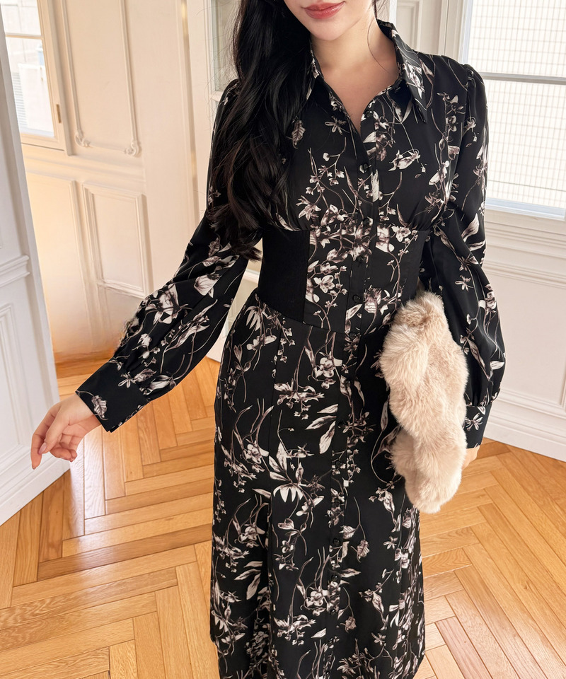 フラワープリントコルセット風シャツワンピース 詳細画像 ブラック 12