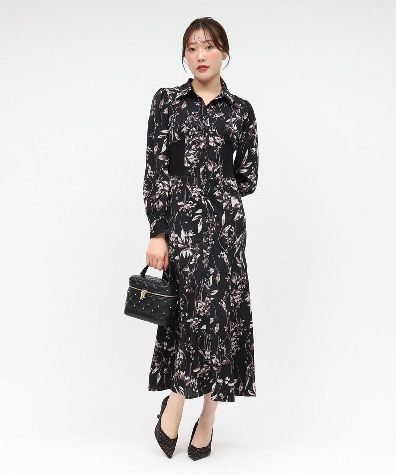 フラワープリントコルセット風シャツワンピース 詳細画像 ブラック 2