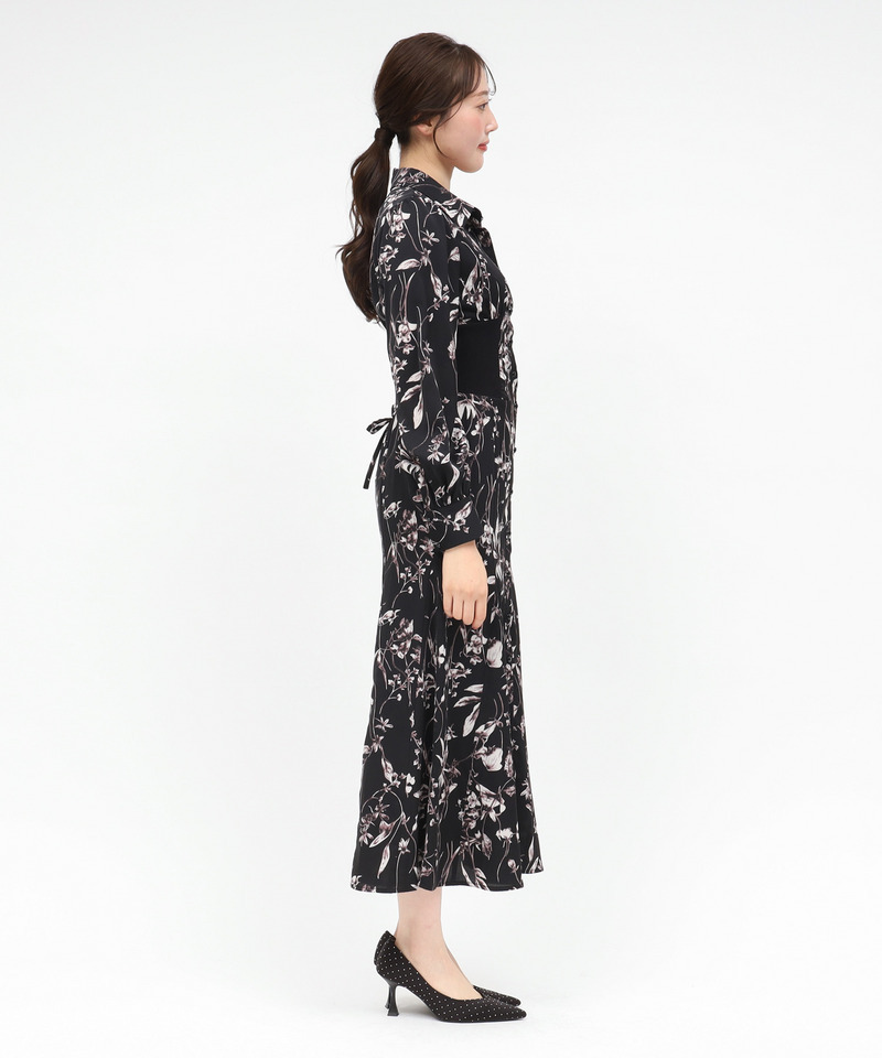 フラワープリントコルセット風シャツワンピース 詳細画像 ブラック 3