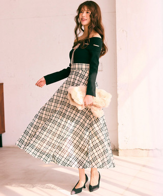 配色リボンフロッキーチェックドッキングワンピース