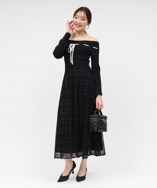 配色リボンフロッキーチェックドッキングワンピース 詳細画像