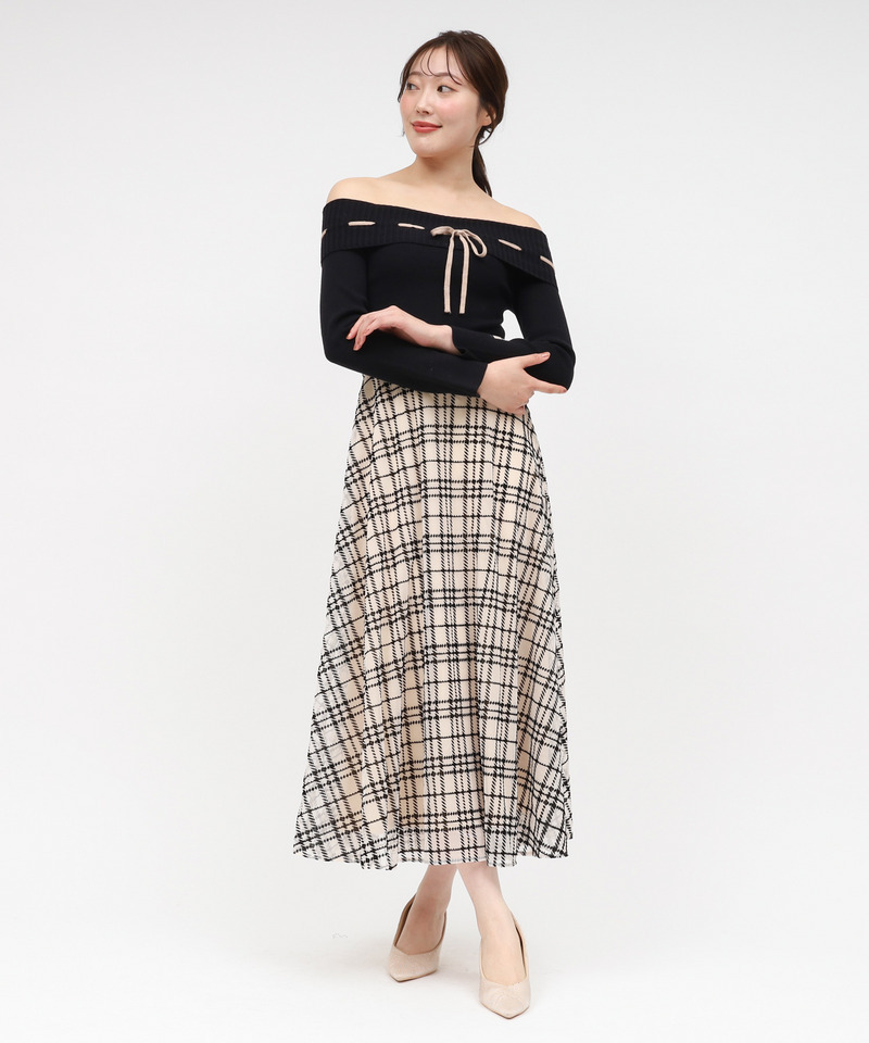 配色リボンフロッキーチェックドッキングワンピース 詳細画像 オフホワイト 2