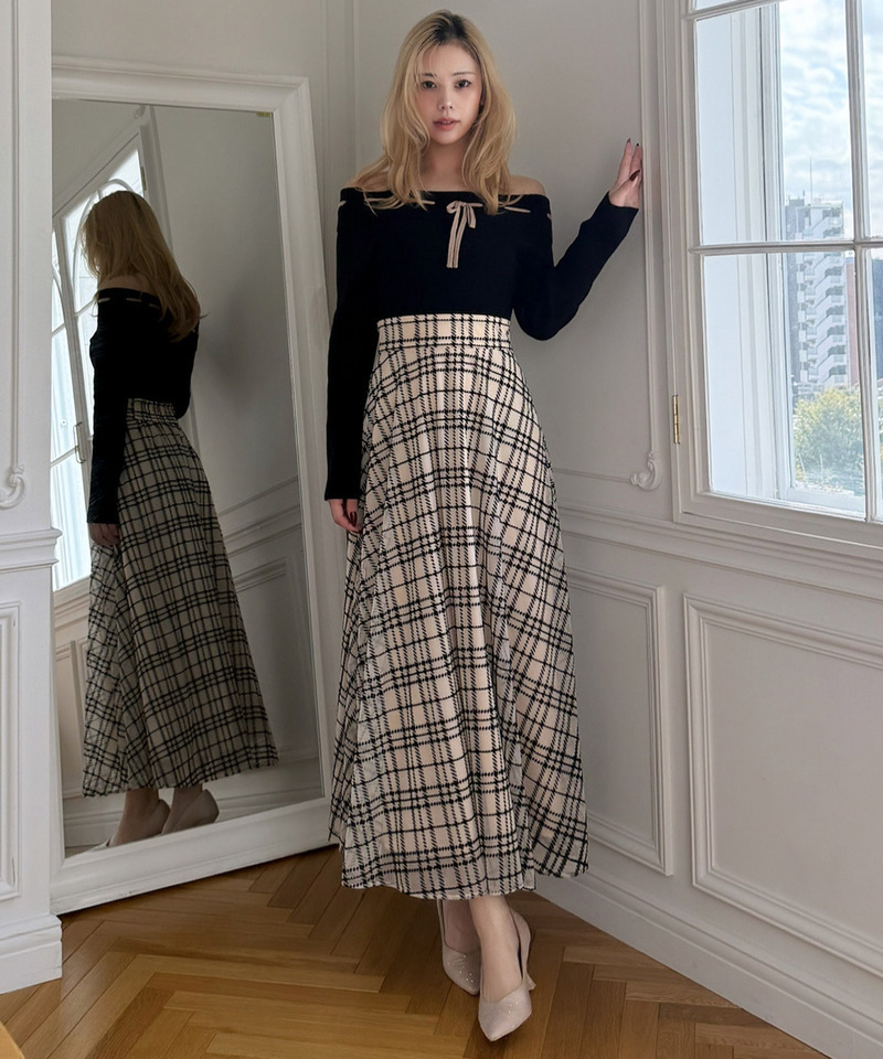 配色リボンフロッキーチェックドッキングワンピース 詳細画像 オフホワイト 3