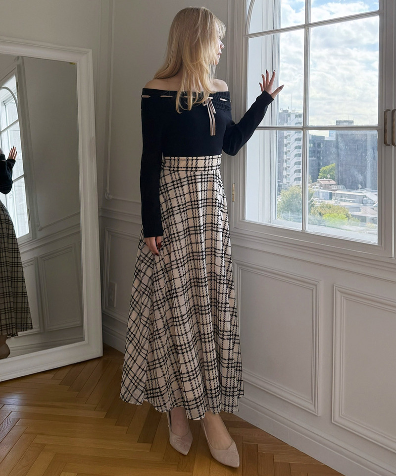 配色リボンフロッキーチェックドッキングワンピース 詳細画像 オフホワイト 4