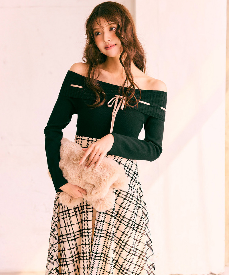 配色リボンフロッキーチェックドッキングワンピース 詳細画像 オフホワイト 5