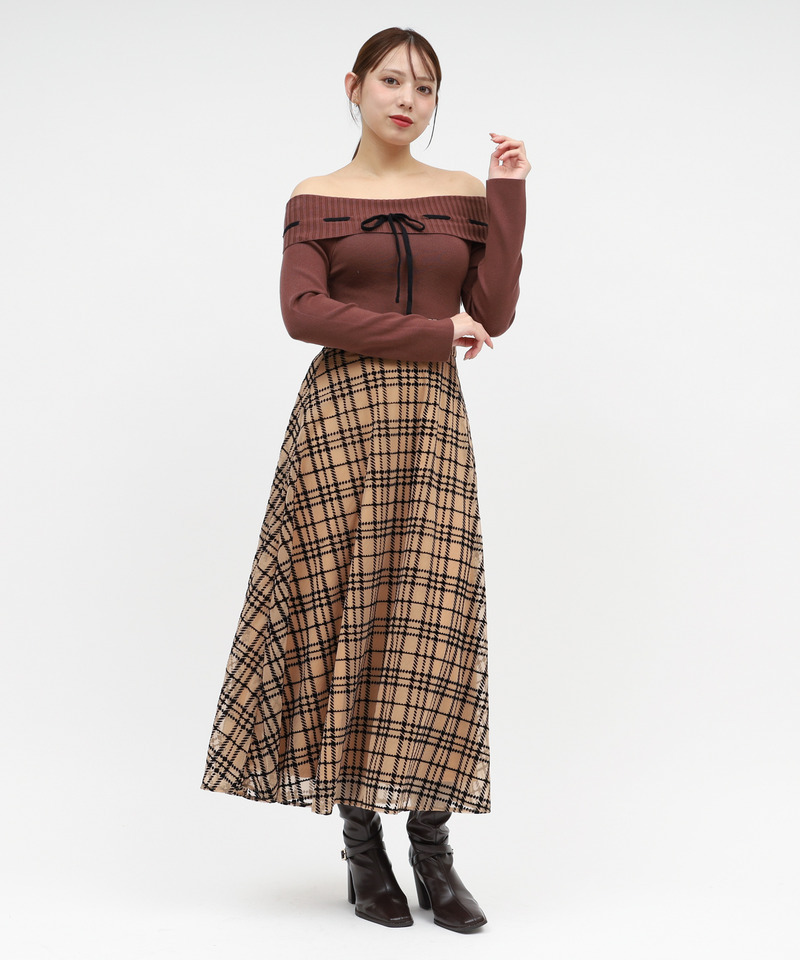 配色リボンフロッキーチェックドッキングワンピース 詳細画像 ブラウン 1