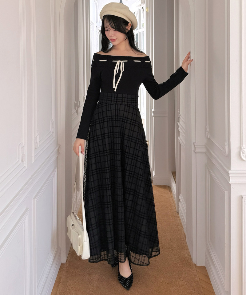 配色リボンフロッキーチェックドッキングワンピース 詳細画像 ブラック 10