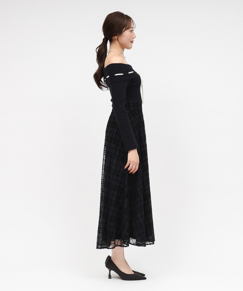 配色リボンフロッキーチェックドッキングワンピース 詳細画像 ブラック 2