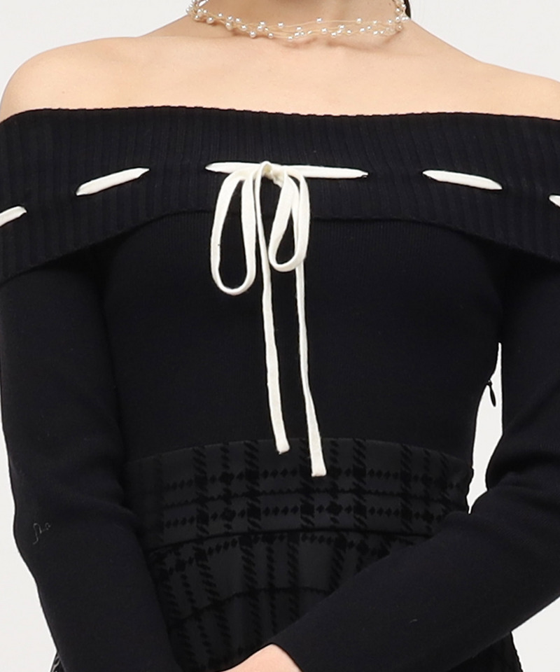 配色リボンフロッキーチェックドッキングワンピース 詳細画像 ブラック 4