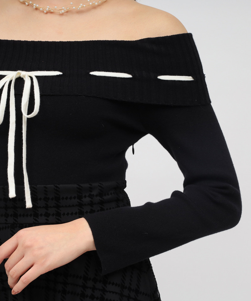 配色リボンフロッキーチェックドッキングワンピース 詳細画像 ブラック 5